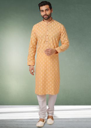 Mens Orange Kurta Pajama In Printed Work