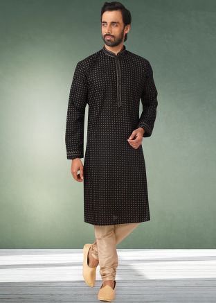 Black Mens Floral Print Kurta Churidar Set