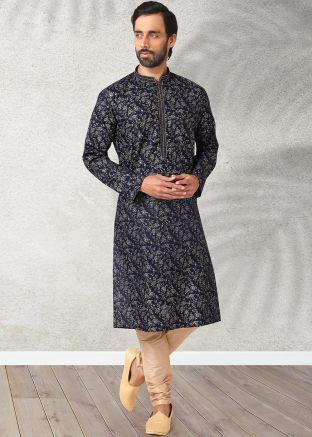 Navy Blue Foil Printed Kurta With Pajama