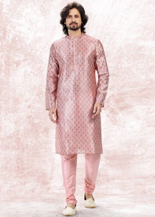 Pink Readymade Mens Jacquard Kurta Pajama In Digital Print