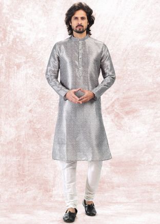 Grey Printed Readymade Mens Kurta Pajama In Jacquard