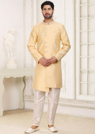 Mens Yellow Embroidered Indo Western Sherwani