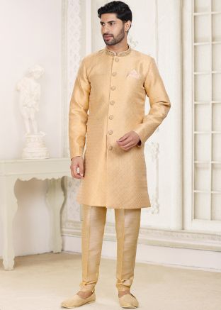 Beige Embroidered Indo Western Sherwani For Men