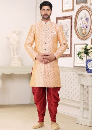 Cream Woven Indo Western Sherwani & Dhoti