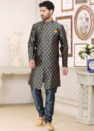Mens Grey Indo Western Sherwani In Woven Work