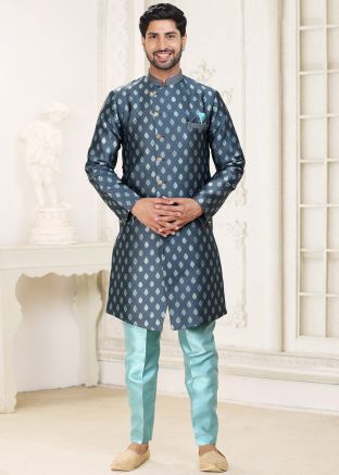 Mens Grey Woven Indo Western Sherwani Set