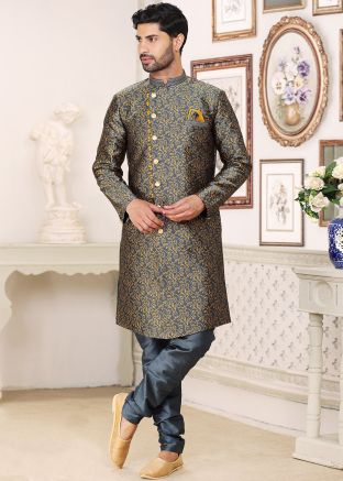 Grey Woven Work Indo Western Sherwani Set