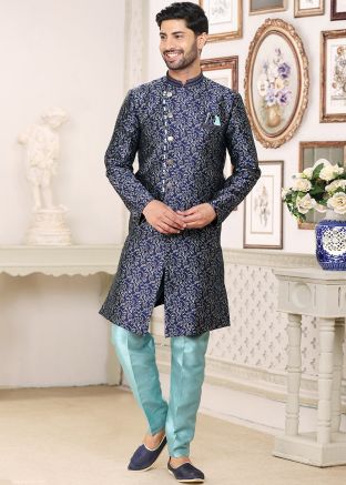 Navy Blue Woven Indo Western Sherwani Set