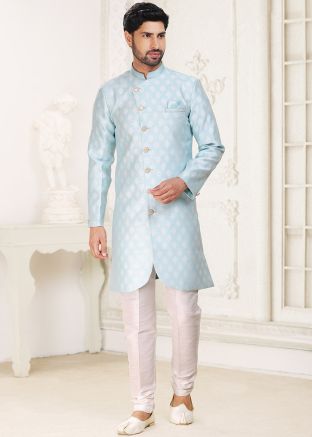 Blue Woven Detailed Mens Indo Western Jacquard Sherwani