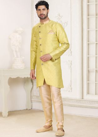 Yellow Woven Detailed Mens Indo Western Sherwani In Jacquard 