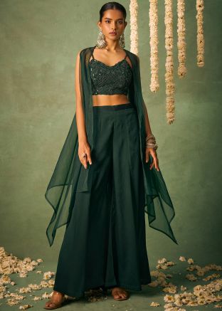 Green Embroidered Top & Bottom With Jacket