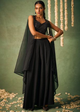 Black Embroidered Top Bottom With Jacket In Chiffon