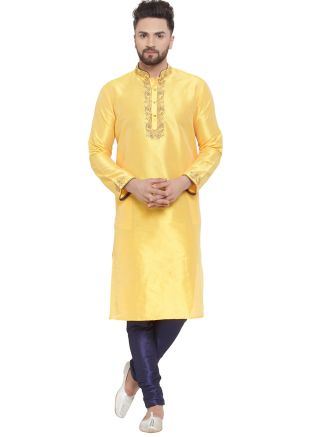 Yellow Embroidered Mens Kurta Pajama Set