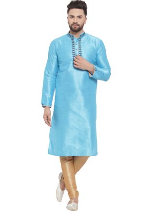 Blue Mens Embroidered Kurta With Pajama