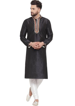 Black Embroidered Mens Kurta With Pajama