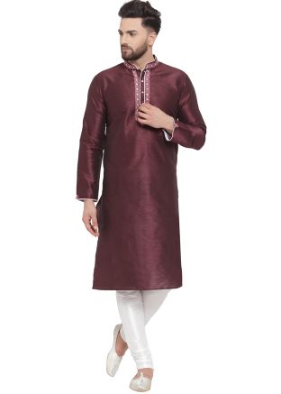 Wine Embroidered Mens Kurta With Pajama