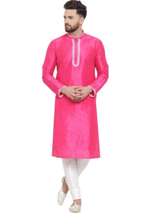 Pink Embroidered Mens Kurta With Churidar
