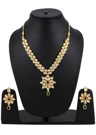 Indian Jewelry in USA: Buy Stone Studded Golden Pearl And Kundan Necklace Set Online