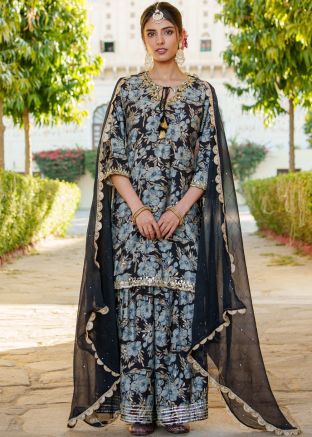 Dark Grey Readymade Printed Sharara Suit In Cotton