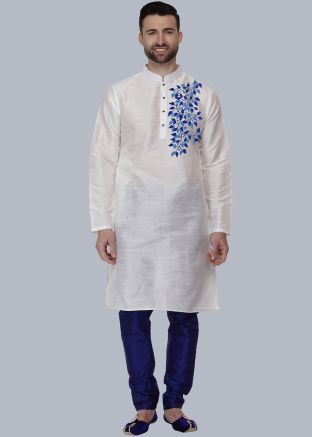 White Embroidered Dupion Silk Kurta Pajama