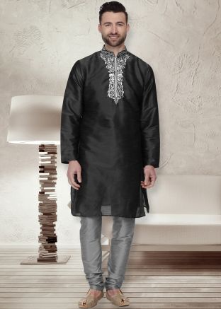 Black Embroidered Dupion Silk Kurta Pajama