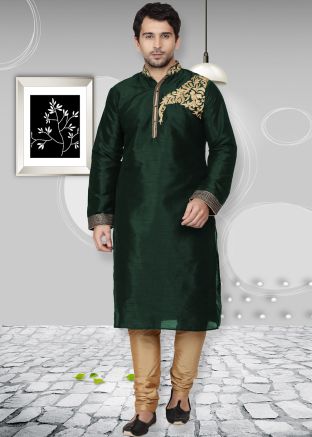 Green Embroidered Dupion Silk Kurta Pajama