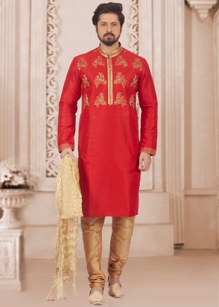 Red Embroidered Dupion Silk Kurta Pajama