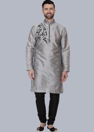 Grey Embroidered Dupion Silk Kurta Pajama