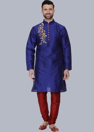 Blue Embroidered Dupion Silk Kurta Pajama