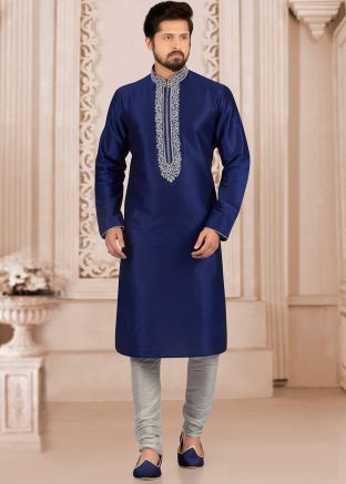 Blue Embroidered Dupion Silk Kurta Pajama