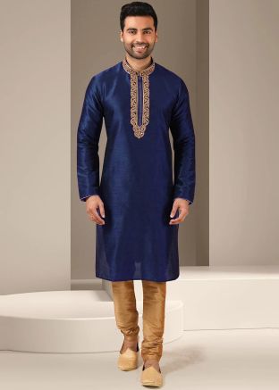Blue Embroidered Dupion Silk Kurta Pajama