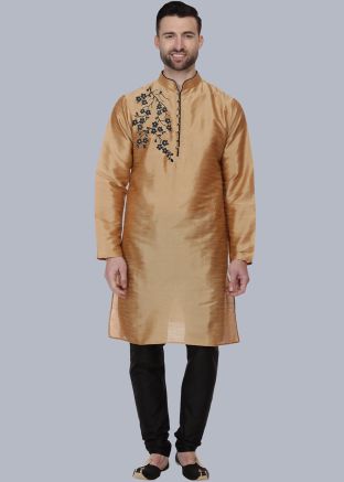 Golden Embroidered Dupion Silk Kurta Pajama