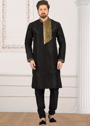 Black Embroidered Dupion Silk Kurta Pajama
