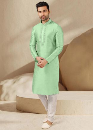 Green Embroidered Dupion Silk Kurta Pajama