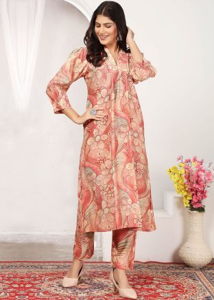 Peach Digital Print Kurta Set In Rayon