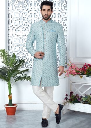 Blue Woven Indo Western Sherwani In Jacquard