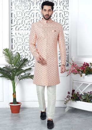 Peach Woven Indo Western Sherwani In Jacquard