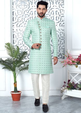 Blue Woven Indo Western Sherwani In Jacquard
