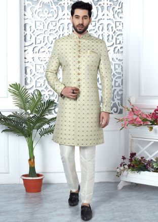 Green Woven Indo Western Sherwani In Jacquard