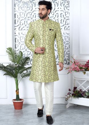 Green Woven Indo Western Sherwani In Jacquard