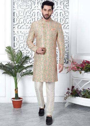 Peach Woven Indo Western Sherwani In Jacquard