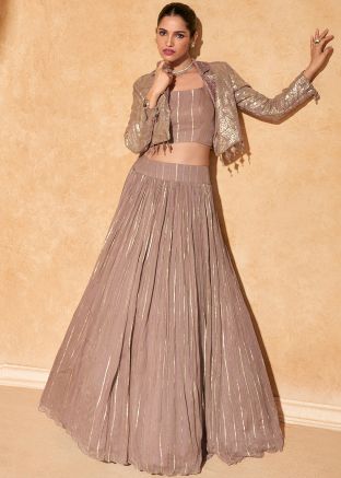 Brown Jacket Style Embellished Skirt Set