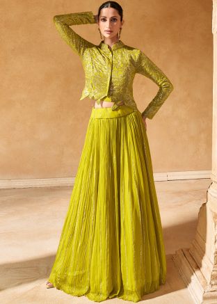 Lime Green Jacket Style Embellished Skirt Set