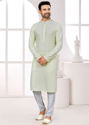 Light Green Embroidered Kurta Pajama In Rayon