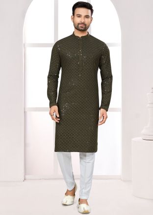 Green Embroidered Kurta Pajama In Rayon