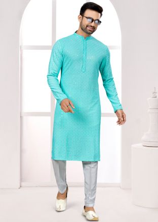 Blue Embroidered Kurta Pajama In Rayon