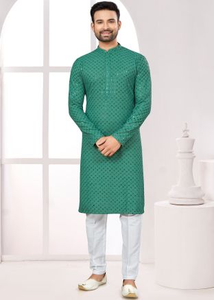Green Embroidered Kurta Pajama In Rayon