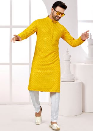 Yellow Embroidered Kurta Pajama In Rayon
