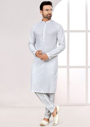 White Embroidered Kurta Pajama In Rayon