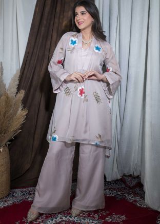 Grey Hand Painted Co-Ord Set In Art Silk